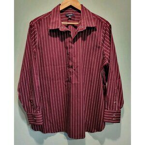 Lands End Burgundy Stripe Long Sleeve 1/4 Button Popover Blouse Sz 16p
